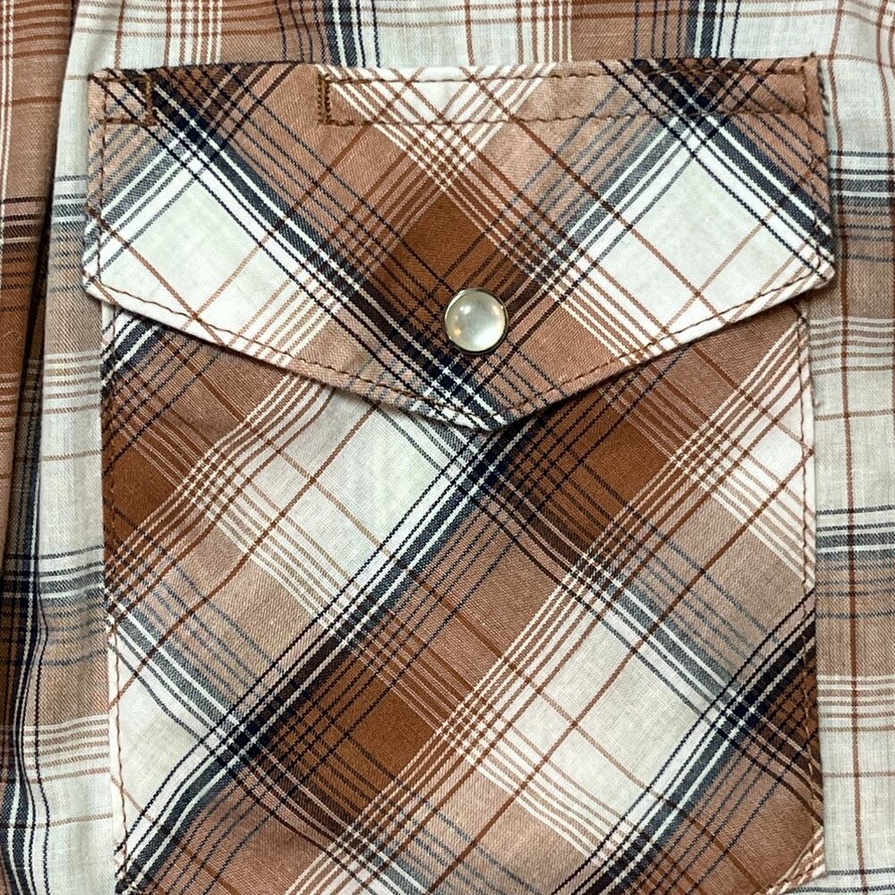 Wrangler Western Brown Plaid Short Sleeve Shirt - Pearl Snap - Men's Large - Picture 6 of 9